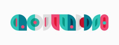 Renkli soyut şekiller kelime bulutu oluşturur. Geometrik tasarım deniz mavisi, kırmızı, turkuaz renkler kullanır. Minimalist tarz, temiz çizgiler modern estetik sunar.