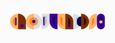 Soyut geometrik şekiller renkli desenler oluşturur. Minimalist tasarım daireler, dikdörtgenler, mor, kahverengi tonlar kullanır. Temiz estetik.