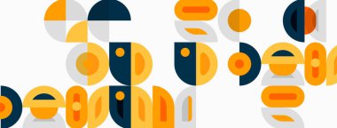 Soyut geometrik şekiller çakışıyor. Renkler arasında turuncu, deniz mavisi, gri ve bej yer alıyor. Minimalist tasarım modern estetik yaratır.