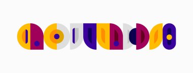 Soyut geometrik şekiller renkli desenler oluşturur. Çemberler, yarı daireler, dikdörtgenler eğlenceli tasarım yaratır. Minimalist estetik, canlı renkler.