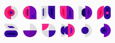 Soyut geometrik şekiller, mor ve pembe renkler, sıra sıra dizilmiş. Minimalist tasarım, dairesel biçimler kompozisyona hakim..