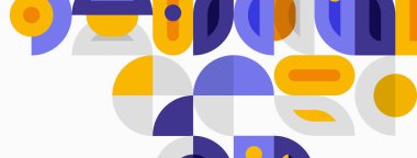 Soyut geometrik şekiller çakışıyor ve eğlenceli bir kompozisyon oluşturuyor. Sarı, gri, mor renkler tasarımda baskın. Modern estetik.