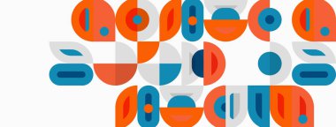 Soyut geometrik şekiller, turuncu, mavi tonlar. Minimalist tasarım, tekrarlayan kalıplar, düz çizimler. Modern estetik, basit kompozisyon.