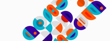 Soyut geometrik şekiller örtüşür, canlı renkli desenler yaratır. Daireler, kareler, dikdörtgenler dinamik bir şekilde kenetlenir. Modern tasarım.