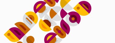 Soyut tasarım özellikleri üst üste binen renkli şekiller, daireler, kıvrımlar. Kompozisyon, dinamik görsel ilgiyi, modern estetiği çağrıştırıyor.