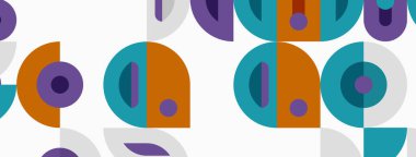 Geometrik desen üst üste binen daireler, yarı daireler. Renkler turuncu, deniz mavisi, mor, gri. Basit, modern tasarım sorunsuz bir şekilde tekrarlanıyor..