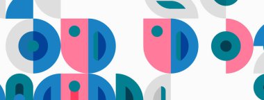 Soyut geometrik desen. Çemberler, yarım daireler, şekiller tekrar ediyor. Pastel renkler eğlenceli tasarım yaratır. Minimalist tarz, modern estetik.