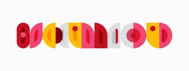 Renkli grafik tasarımı stilize edilmiş metin içerir. Şekiller çakışıyor, neşeli bir görsel ritim yaratıyor. Minimalist estetik, modern tipografi.