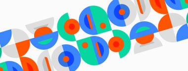 Soyut geometrik desen. Üst üste binen daireler tekrarlanan tasarım yaratır. Parlak renkler kompozisyona hakim, basit şekiller görünür.