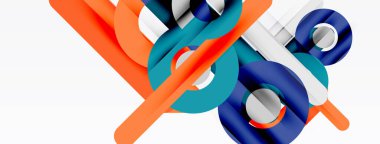 Soyut geometrik şekiller örtüşür, dinamik bileşim yaratır. Mavi, turuncu, beyaz renkler minimalist tasarıma hakim..