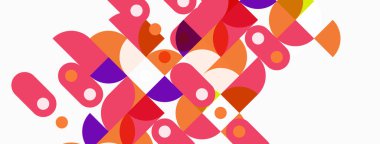 Soyut geometrik bileşim. Üst üste binen daireler, oval ovalar canlı desenler oluşturur. Pembe, turuncu, mor renkler beyaz arkaplana hakim..