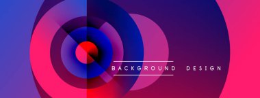 Soyut enerjik tasarım eşmerkezli daireler içerir. Renkler mor, mavi ve pembe karışımı. Metin arkaplan tasarımı okur.