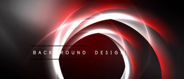 Soyut tasarım kıvrımlı ışık katmanları içerir. Kırmızı, beyaz, siyah renkler dinamik görsel efekt yaratır. Modern arkaplan ögesi.