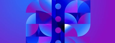 Soyut geometrik bileşim. Çemberler, kareler, canlı maviler, morlar modern tasarım yaratır. Minimalist estetik, dijital resimleme.