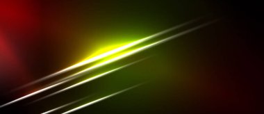 Soyut arkaplan canlı çizgiler, gradyanlar içerir. Kırmızı, sarı, yeşil renkler koyu uzaya hakim. Dinamik bileşim enerji yaratır.