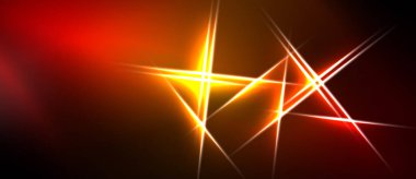 Soyut arkaplan parlak çizgiler, gradyanlar içerir. Kırmızı, turuncu, sarı renkler karanlık uzaya hakim. Dinamik enerji merkezi noktadan yayılır.