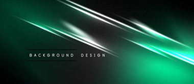 Koyu arkaplanda parlak yeşil çizgiler var. Modern soyut tasarım dinamik görsel efekt yaratır. Basit metin etiketleri alt merkez.
