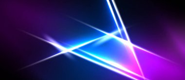 Soyut neon hatları kesişiyor, parlak üçgen şekiller oluşturuyor. Canlı mor, mavi renkler koyu arkaplana hakim. Modern dijital sanat.