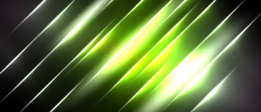 Siyah arkaplanda parlak yeşil çizgiler var. Çapraz bileşim dinamik görsel etki yaratır. Işık yoğun bir şekilde parlar..