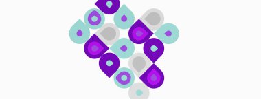 Soyut desen tekrarlayan daireler içerir, mor, yeşil, gri renkler. Şekiller beyaz arkaplanda üçgen biçimler oluşturur. Minimalist tasarım.