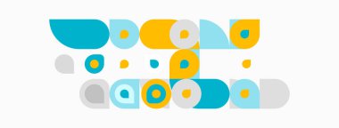 Soyut geometrik şekiller, daireler, kareler, deniz mavisi, sarı, gri. Minimalist tasarım, modern estetik, oyuncu kompozisyon.