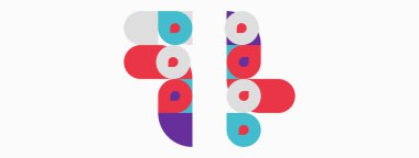 Soyut tasarım renkli daireler, kareler, dikdörtgenler içerir. Şekiller, neşeli kompozisyon oluşturarak kesişir. Minimalist estetik, modern tarz.