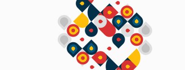 Soyut geometrik desen. Çemberler, kareler, noktalar renkli kompozisyon oluşturur. Modern tasarım öğesi, canlı estetik.