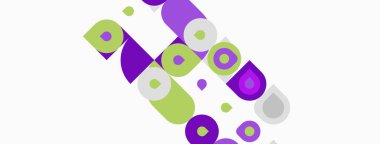 Soyut geometrik tasarım. Çemberler, kareler örtüşüyor ve eğlenceli bir kompozisyon oluşturuyor. Mor, yeşil renkler beyaz arkaplana hakim. Modern estetik.