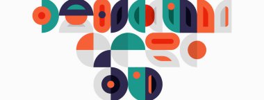 Soyut geometrik şekiller örtüşür, renkli kompozisyon oluşturur. Çemberler, kavisler, dikdörtgenler oyuncu desenler oluşturur. Modern tasarım elemanları.