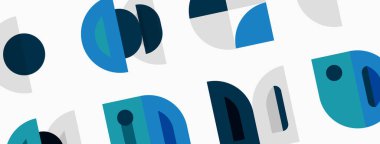 Soyut geometrik şekiller, mavi, gri, beyaz arkaplan. Minimalist tasarım, modern estetik, tekrarlayan desen. Basit biçimler görsel doku oluşturur.