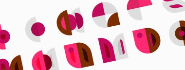 Soyut geometrik şekiller, pembeler, kahverengiler, bej arkaplan. Tekrarlayan desenler modern görsel doku yaratır. Basit biçimler kompozisyona hakim.