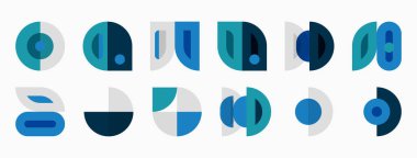 Soyut geometrik şekiller, çoğunlukla daireler, kavisler, segmentler. Mavi, deniz mavisi, gri renk şeması kompozisyona hakim. Minimalist tasarım.