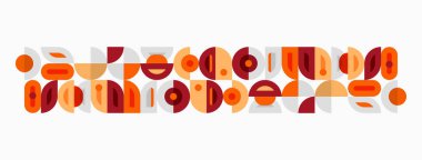 Soyut geometrik şekiller, sıcak renkler tasarıma hakim. Çemberler, dikdörtgenler, kıvrımlar orta çağ modern estetiği yaratır. Minimalist kompozisyon.