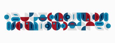 Soyut geometrik desen. Çemberler, kareler, dikdörtgenler tekrar eden görsel ritmi oluşturur. Mavi, gri, gök mavisi renkleri baskın bileşim.