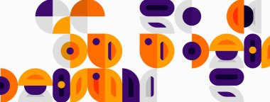 Soyut geometrik şekiller, turuncu, mor, gri. Minimalist tasarım, üst üste binen formlar dinamik kompozisyon yaratır. Modern estetik.