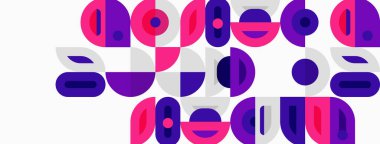 Soyut geometrik şekiller, mor tonlar, beyaz arkaplan. Minimalist tasarım, neşeli kompozisyon, modern estetik. Basit formlar görsel ilgi yaratır.