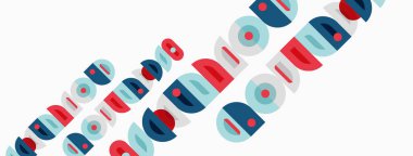 Soyut desen renkli daireler, dikdörtgenler içerir. Şekiller örtüşür ve dinamik görsel doku yaratır. Minimalist tasarım, modern estetik.