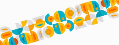 Renkli geometrik şekiller soyut desenler oluşturarak tekrar eder. Parlak renkler beyaz arkaplana hakim. Modern tasarım elemanları.