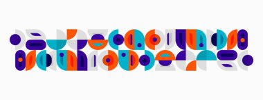 Soyut geometrik desen. Renkli şekiller tekrar ediyor, modern tasarım yaratıyor. Çemberler, kareler, dikdörtgenler görsel ilgi için birleşir.