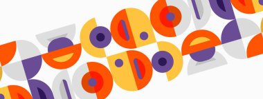 Soyut geometrik desen. Çemberler, yarı daireler, mor, turuncu renkler soluk arkaplanda çapraz olarak tekrarlanıyor. Modern tasarım ögesi.