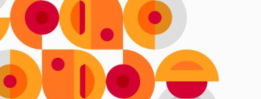 Retro tasarım özellikleri üst üste turuncu, kırmızı daireler. Geometrik şekiller neşeli tipografi yaratır, hareketli estetik. Minimalist stil.