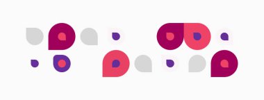 Soyut geometrik şekiller, daireler, noktalar. Mor, pembe, gri renkler basit desenler yaratır. Minimalist tasarım, temiz estetik.