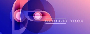 Soyut tasarım özellikleri üst üste binen daireler, canlı gradyanlar. Mor, pembe, mavi renkler modern görsel efektler yaratır. Arkaplan metni mevcut.