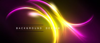 Soyut enerjik tasarım kıvrımlar ve parlak renkler içerir. Arka planda dinamik enerji, modern estetik.