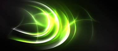 Soyut parlak kıvrımlar, canlı yeşil renkler, koyu arkaplan. Dinamik akış, zarif tasarım, modern estetik. Yumuşak gradyanlar görsel ilgi yaratır.