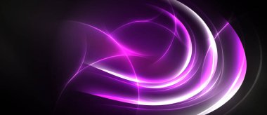 Soyut mor ışık kıvrımları siyah arkaplan boyunca akar. Parlak enerji yayılır ve dinamik görsel efekt yaratır. Düz çizgiler hareketi işaret ediyor.