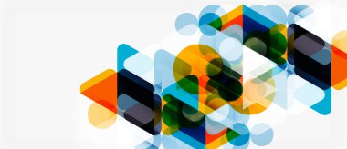 Soyut geometrik şekiller örtüşür, canlı renkli tasarım yaratır. Şeffaflık derinlik katar, modern estetik.