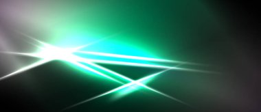 Koyu arkaplanda parlak yeşil ışık çizgileri var. Soyut enerji yayılır ve dinamik görsel etki yaratır. Canlı renkler kompozisyona hakim.