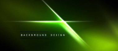 Koyu yeşil soyut arka plan. Parlak neon hatları kesişiyor, dinamik görsel etki yaratıyor. Altında metin ögeleri olan minimalist tasarım.