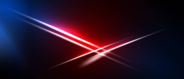 Soyut arka plan parlak kırmızı, mavi ışık çizgileri ile karanlık uzayı geçer. Canlı renkler dinamik görsel efekt yaratır.